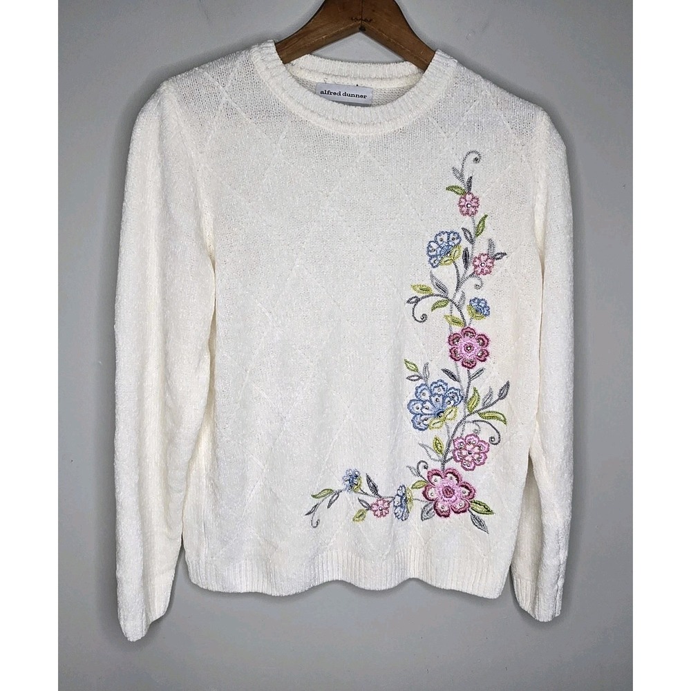Alfred Dunner Womens Embroider Ivory Sweater Floral Beaded Design Size PM